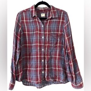 Gap Womens Shrunken Boys Red & Blue Plaid Double Gauze Flannel Shirt. Size L